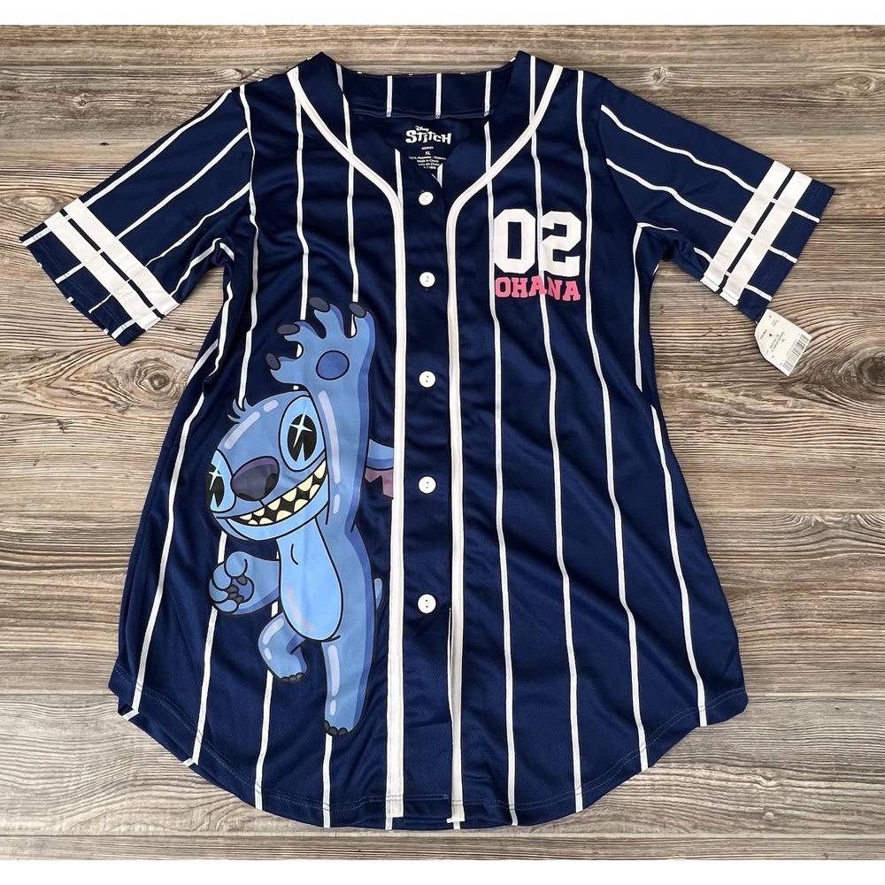 NWT Disney‎ Lilo & Stitch OHANA Blue/White Stripe Baseball Jersey Junior's XL